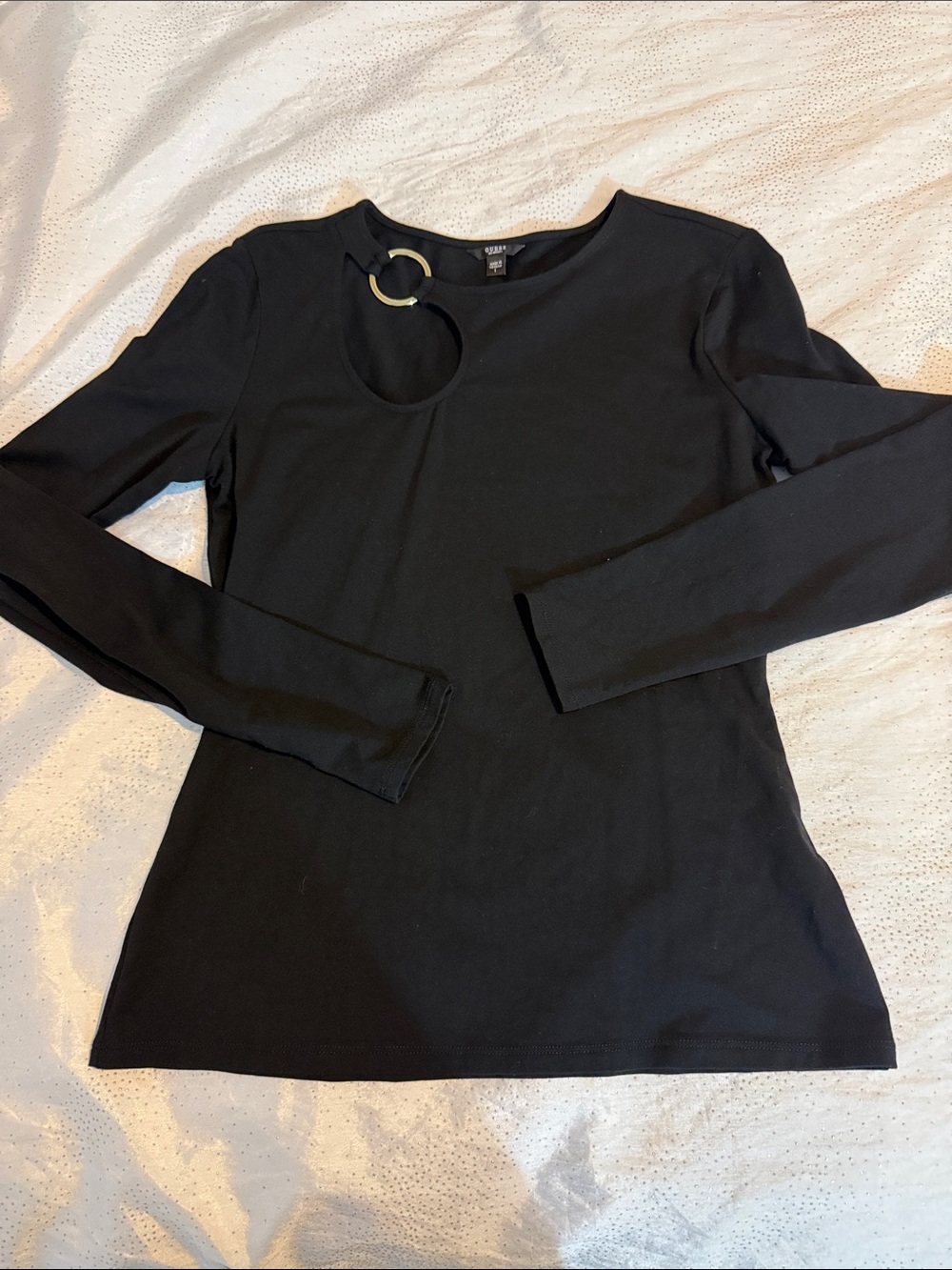 Guess Women’s Black Long-Sleeve Top with Keyhole Ring Detail size L